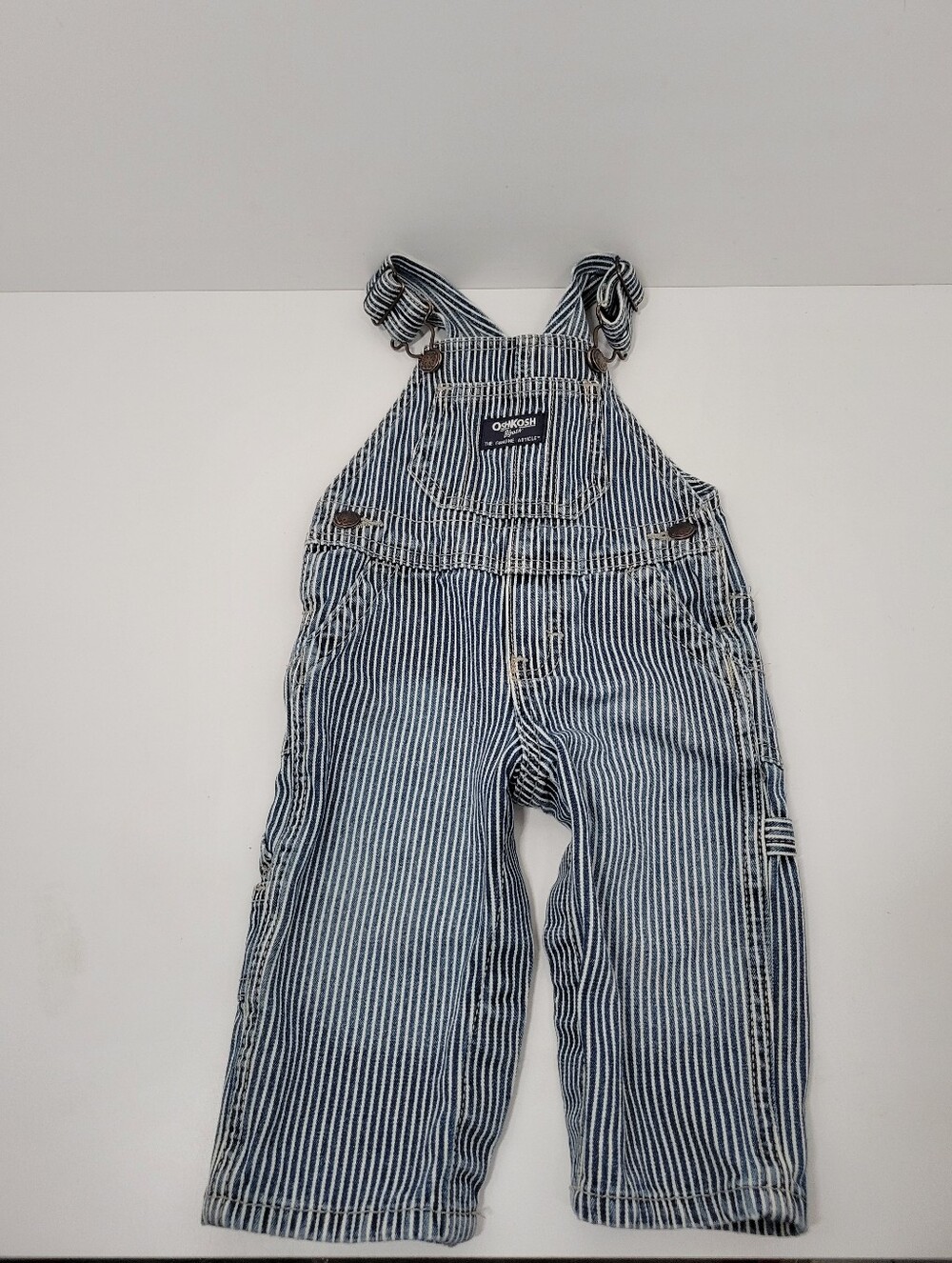 OshKosh B'Gosh Blue and White Hickory Stripe Denim Baby Overalls 6 Months